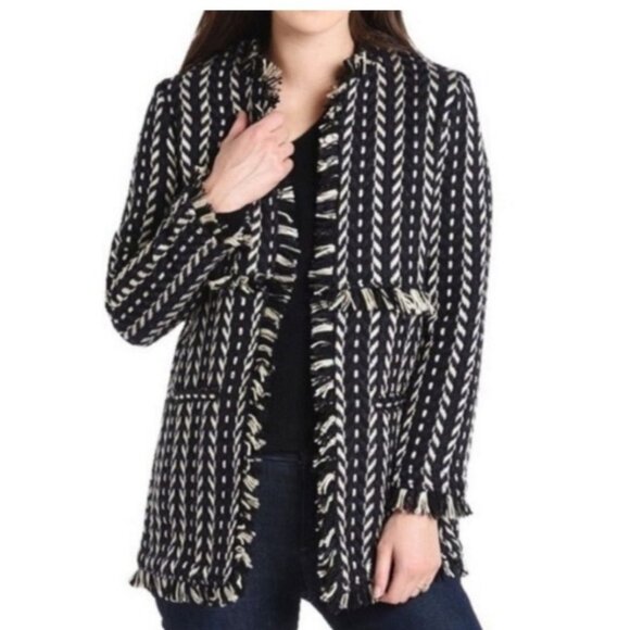 Cupcakes and Cashmere Tweed Fringed Knit Coat Navy Black White Fringe Size Small - Picture 1 of 11